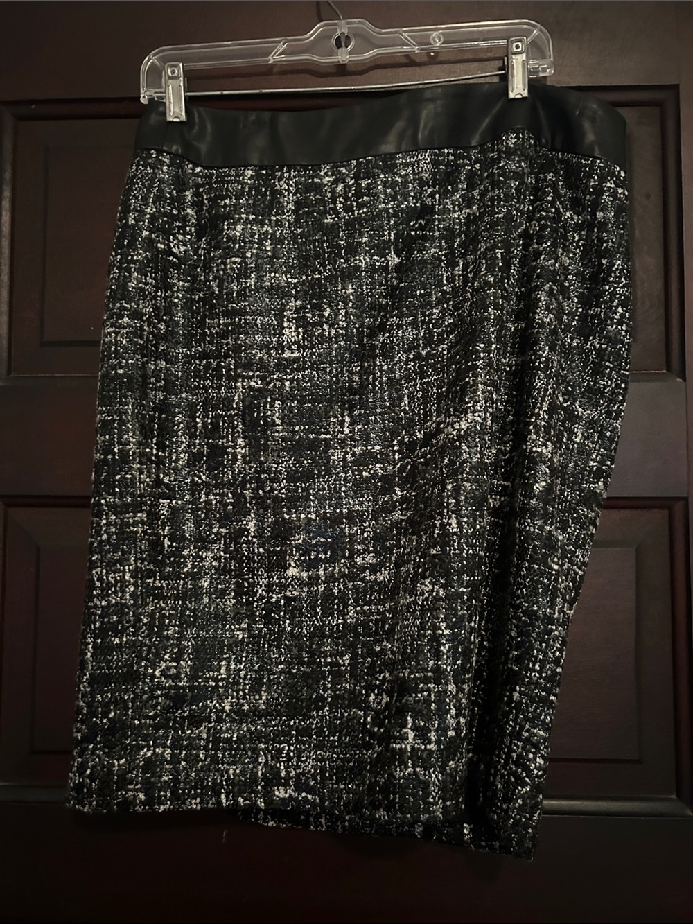 Banana Republic Black and White Tweed Pencil Skirt with Black Leather Waistband